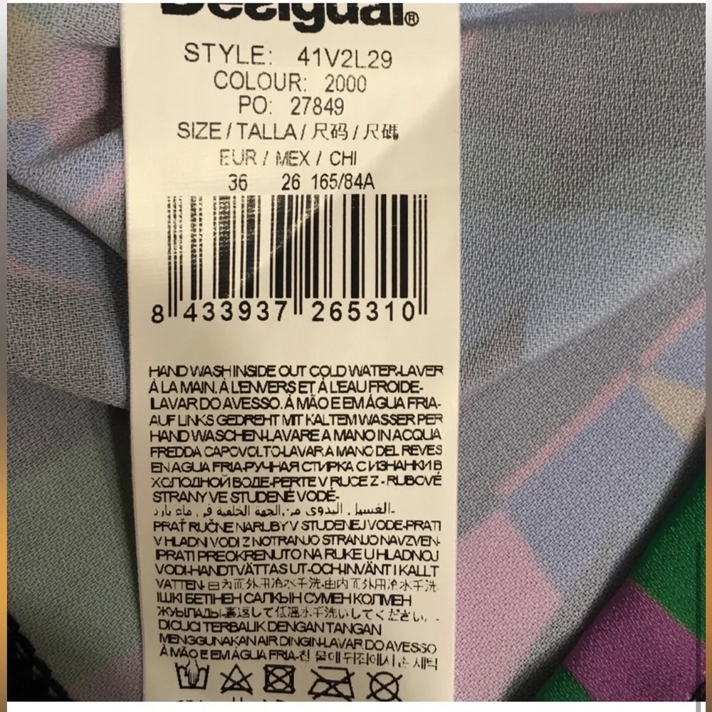DESIGUAL Beaded Sheer Geometric Shift Dress Blue Pink Size 44 US M